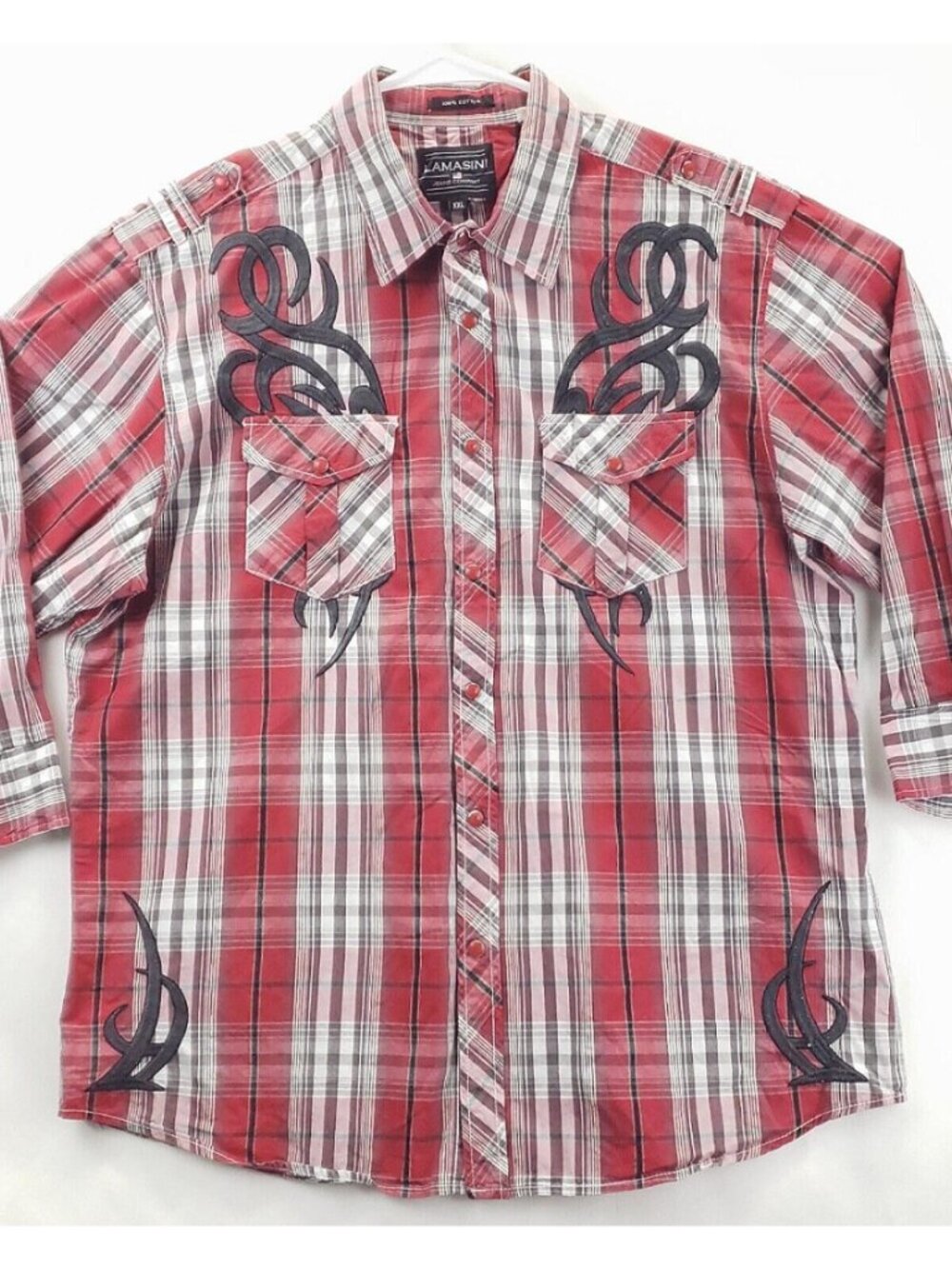 Lamasini Shirt Men 2XL Red Gray Plaid 3/4 Sleeve Embroidered Classic Pearl Snap